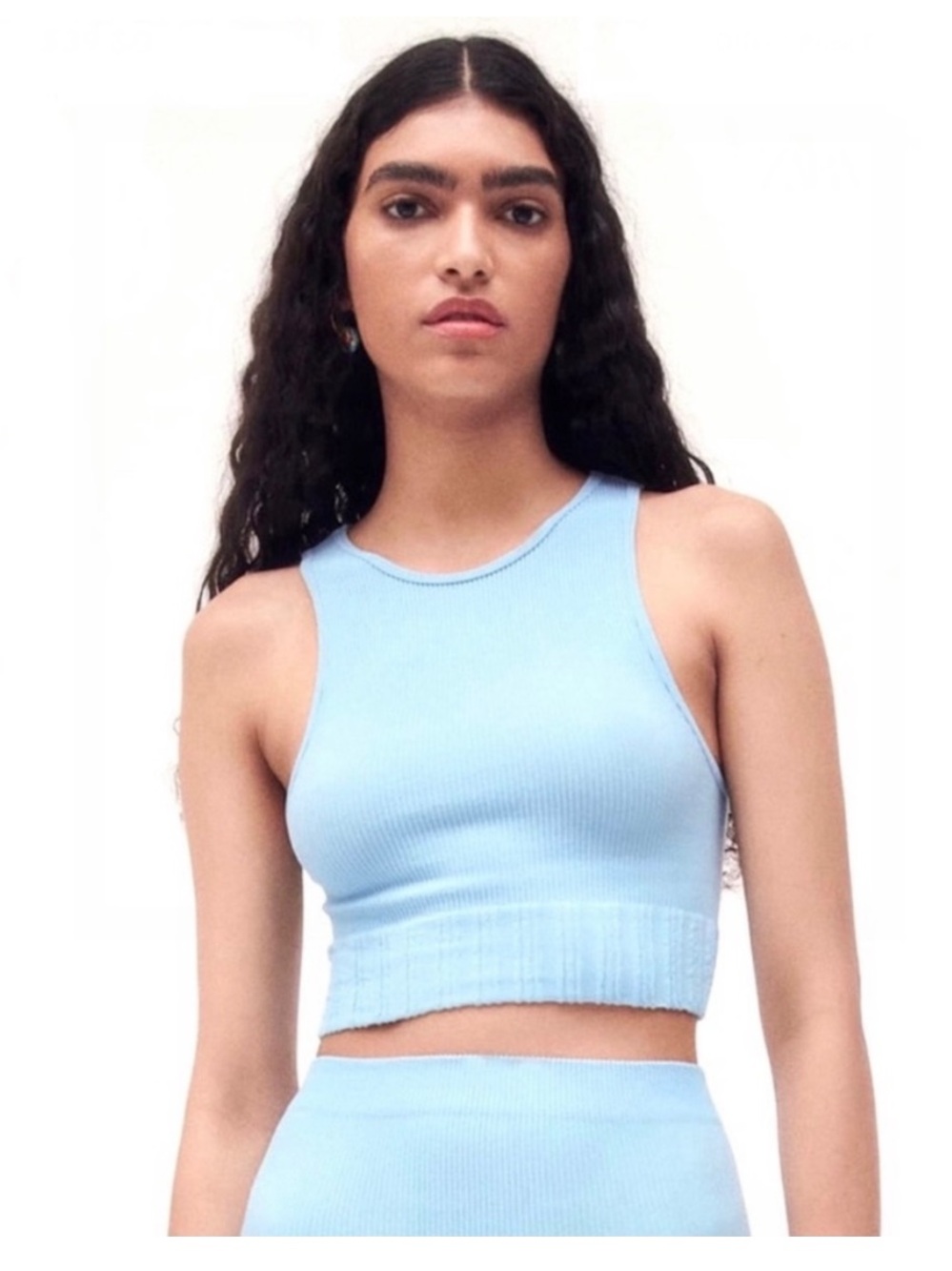 ZARA BLUE RIBBED SEAMLESS CROP TANK TOP Medium-Large